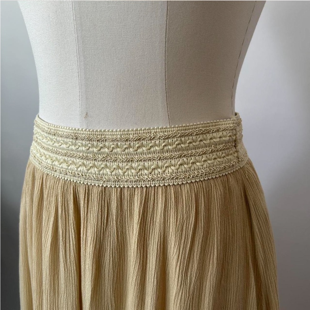 Vintage Active Boho Crinkled Maxi Skirt Crochet Knit Waistband Beige Tan Large - Picture 4 of 10